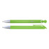 A bright green plastic pen with a silver tip and clip, featuring a sleek design. It includes a logo on the barrel.