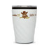 A reusable coffee cup in white with a black lid, featuring a cowboy-themed design and a logo.