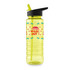 A drink bottle in vibrant yellow with a black lid and straw, featuring a decorative design and a logo.