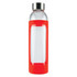 A drink bottle with a transparent glass body and a bright red silicone sleeve, topped with a stainless steel cap.