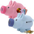 A pink and blue pig coin bank with a logo, holding Australian banknotes and coins.