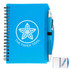 A blue spiral notebook with a pen attached, featuring a logo on the cover and lined pages inside.