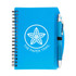 A blue spiral notebook with a pen attached, featuring a logo on the cover.