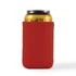 A red stubby cooler holding a can, designed to keep drinks cold. It features a simple, smooth design.