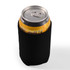 A drink can is held in a black stubby cooler, designed to keep beverages cold.