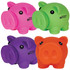 A set of four colorful coin banks in pink, green, purple, and orange, featuring playful piglet designs and a logo.