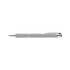 A metal pen in silver with a sleek design and a small branding logo.