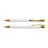 A gold edition metal pen with a sleek white body and gold accents, positioned above another identical pen.