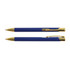 A set of two metal pens in a deep blue color with gold accents, featuring a sleek design and a clip for easy carrying.