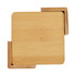 A set of six bamboo coasters in a natural wood color with a simple, square design and a branding logo.