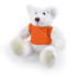 A Frosty Plush Teddy Bear featuring a soft white exterior and wearing an orange shirt.