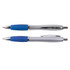 Two metal pens with blue accents and silver finishes are displayed, featuring a sleek design and a comfortable grip.