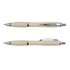 A beige eco-friendly pen with chrome accents, featuring a sleek design and a clip on the side.