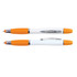 A white stylus pen and highlighter with orange accents, featuring a sleek design and a clip on the side.