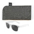 A pair of white sunglasses with gray lenses accompanied by a gray felt case.