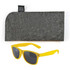 A pair of vibrant yellow sunglasses with gray lenses, accompanied by a gray felt case.