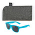 A pair of turquoise sunglasses accompanied by a gray felt case.