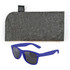A pair of blue sunglasses accompanied by a gray protective case.