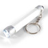 A compact flashlight with a silver body and keychain attachment, featuring a bright LED light at one end.
