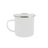 A white enamel mug with a silver rim, designed for drinking beverages.