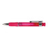 A vibrant pink plastic pen with a clear barrel and chrome accents, featuring a contoured grip for comfortable writing.