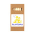 A brown box containing wooden sticks, featuring a logo in yellow and blue.