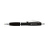 A metal pen featuring a sleek black body with silver accents and a clip, showcasing a logo on the side.