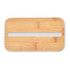 A bamboo lid with a slot for a phone, designed to fit the Stax Eco Lunch Box.