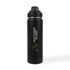 A drink bottle in matte black stainless steel with a logo and a screw-top lid.