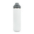 A drink bottle in white stainless steel with a grey cap and a logo on the side.