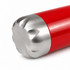 A drink bottle featuring a shiny stainless steel cap and a vibrant red body, with a logo visible on the side.