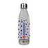 A drink bottle with a clear body featuring colourful polka dots in red and blue, and a stainless steel cap.