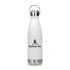 A drink bottle in white with a stainless steel base and a hanger lid, featuring a logo.