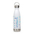 A drink bottle with a white body, stainless steel base, and a silver hanger lid, featuring a logo and blue water droplet designs.