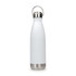 A drink bottle in white with a stainless steel base and a hanger lid, featuring a logo.