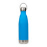 A blue drink bottle with a stainless steel base and a hanger lid, featuring a sleek design and a logo.