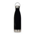 A drink bottle with a hanger lid, featuring a sleek black body and a silver base. Includes a logo.