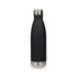 A drink bottle with a matte black finish and a stainless steel base, featuring a logo on the side.
