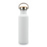 A drink bottle in white with a stainless steel lid and wooden loop. It features a logo on the surface.
