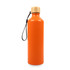 A drink bottle in bright orange, featuring a bamboo lid and a black carrying strap. It has a logo on the side.