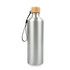 A drink bottle in silver aluminium with a bamboo lid and a carrying strap, featuring a logo.