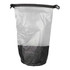 A waterproof bag featuring a clear upper section and black lower section, secured with adjustable straps.