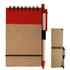 A red and brown cardboard notebook with a spiral spine and a matching pen, featuring an elastic band and a smaller notebook.