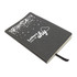 A black recycled leather notebook with a cloud design and a ribbon bookmark. It features the words "Letters from the sky."