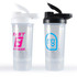 A drink bottle set featuring two protein shakers: one clear with a white lid and one clear with a black lid, both with logos.