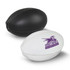 A mini rugby ball set featuring a black ball and a white ball, each displaying a logo.
