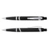 A black plastic pen with silver accents and a clip, featuring a sleek design and a logo.