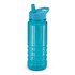 A drink bottle in bright aqua with a blue lid and straw, featuring a textured grip and a logo.