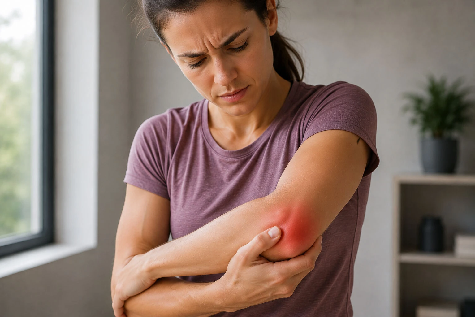 Woman Holding Painful Reddened Elbow