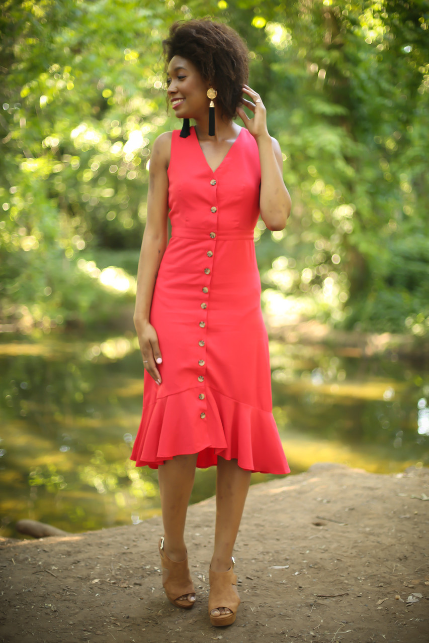 red button down midi dress